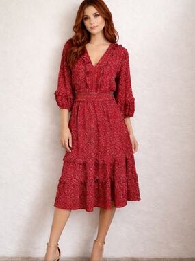 Red Floral Feminine Boho Midi Dress Size L Max Sport